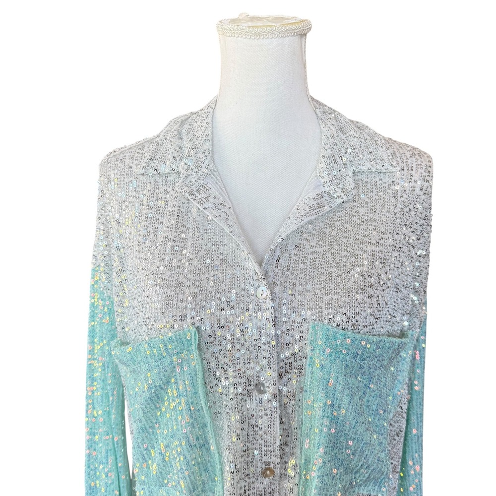 Pol Sequin Button Down Shirt Silver Mint Green Co… - image 3